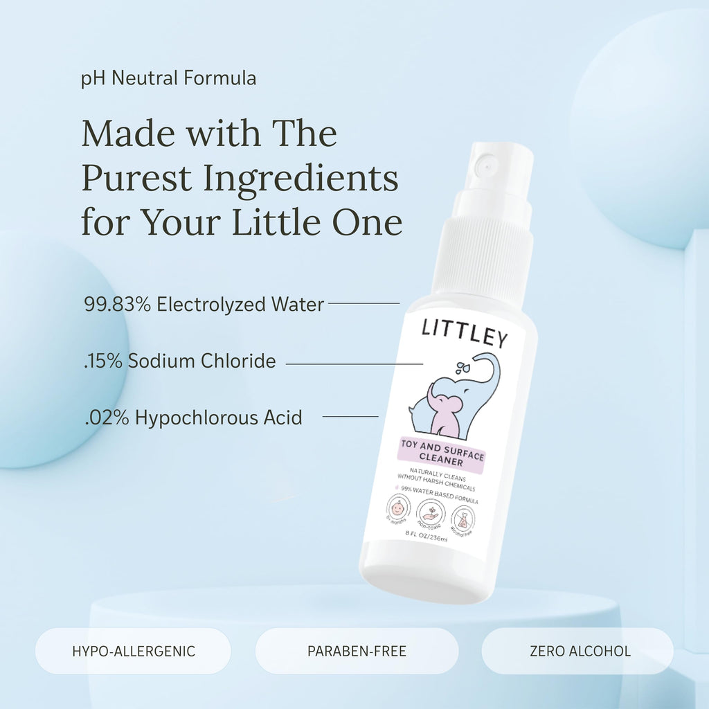 Think Smarter Products Littley Toy & Surface Cleaner with Hypochlorous Acid, Fragrance-Free, Made Without Ammonia, Bleach, Phosphates, Phthalates, or Dyes, 2oz Travel-Size Spray Bottle