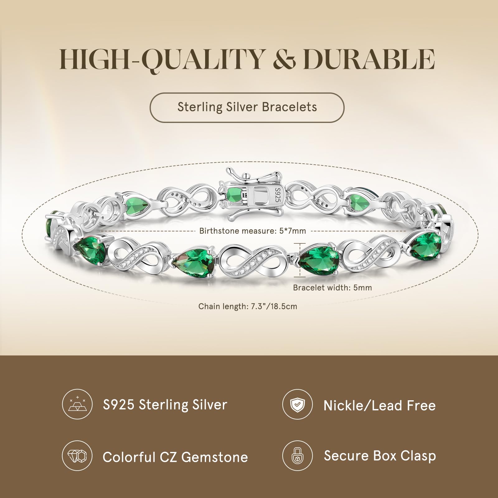 FANCIME Emerald Tennis Bracelets May Birthstone Sterling Silver Infinity Bracelet Green Pear Shape Gemstone Fine Jewelry Birthday Mothers Day Gifts for Women Mom