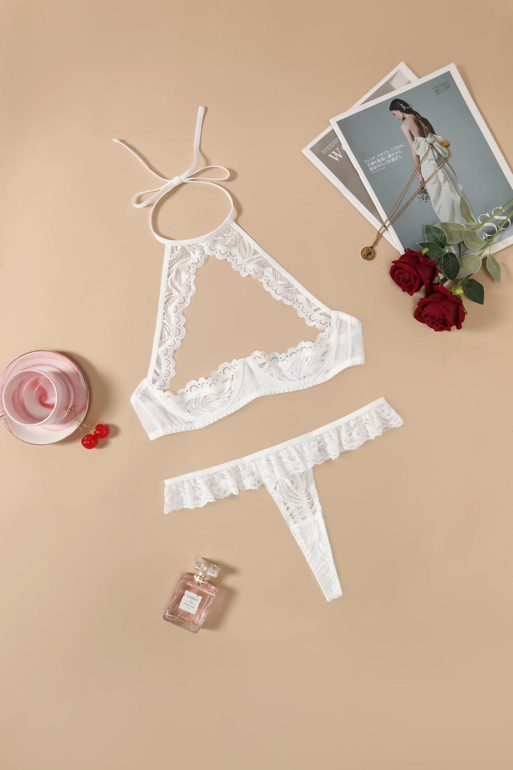 Avidlove Sexy Underwire Push Up Lingerie for Women Floral Lace Sheer Lingerie Set for Women Halter Bra and Panty 2 Piece White XX-Large