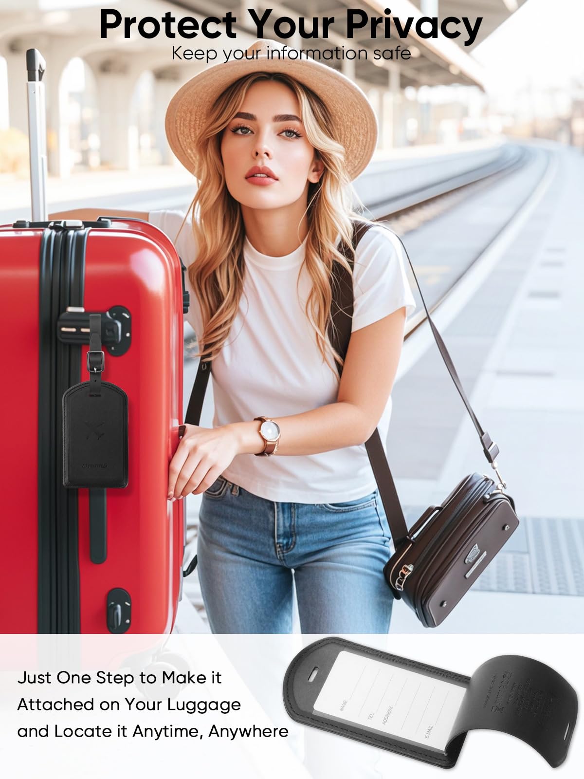 Luggage Tags Built-in Anti-Loss Tracker, Luxury Leather Luggage Tags for Suitcase, Travel Bags, Backpacks, Travel Organizer for Lost Baggage Prevention (Black*1 Pack)