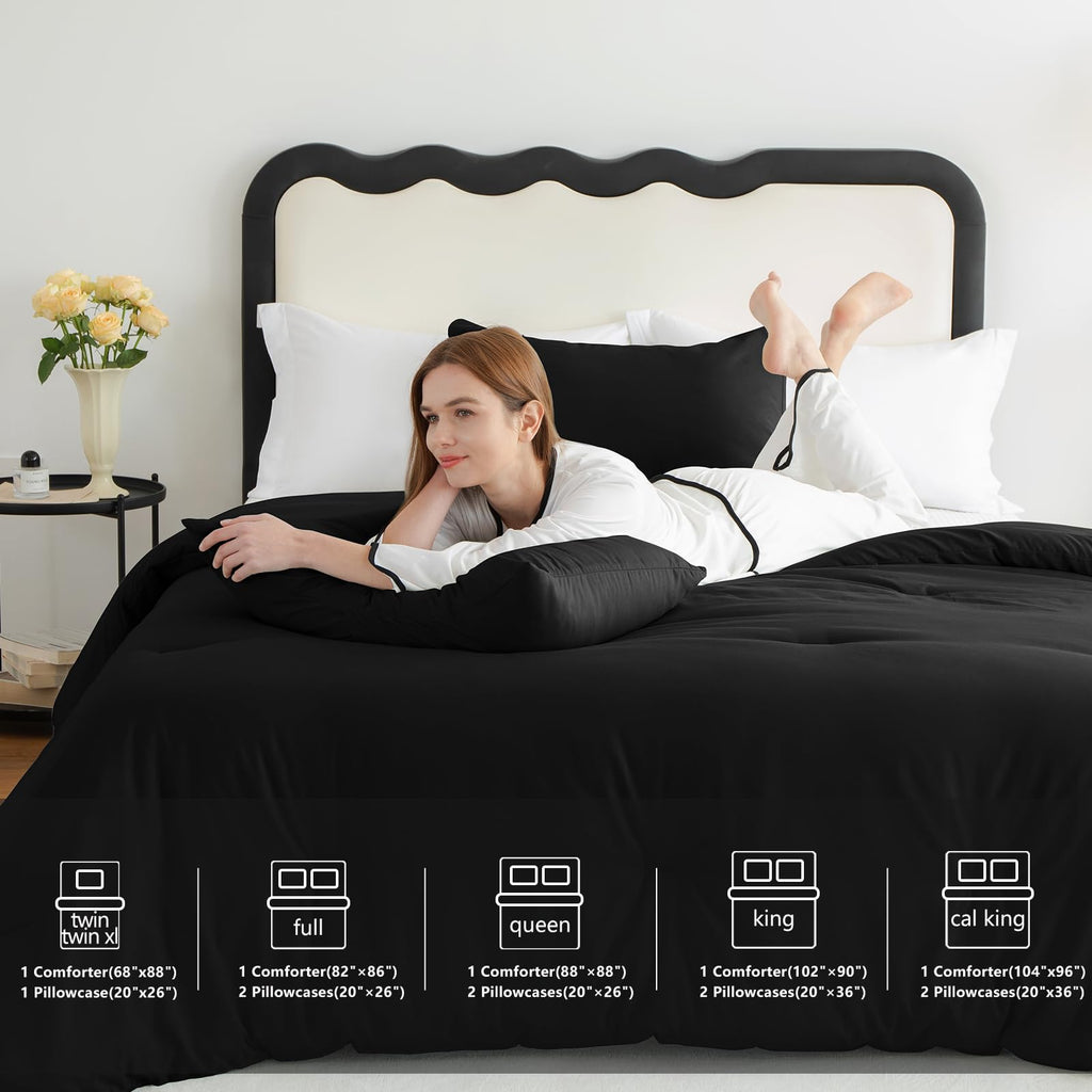 CozyLux Queen Comforter Set Black, 3 Pieces Solid Comforters Queen Size Breathable Quilted Bedding Sets, Luxury Soft Microfiber Down Alternative Comforter for All Season (1 Comforter & 2 Pillowcases)