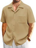 Mens Waffle Button Down Shirt Short Sleeve Loose Fit Cuban Summer Beach Plain Tops Khaki