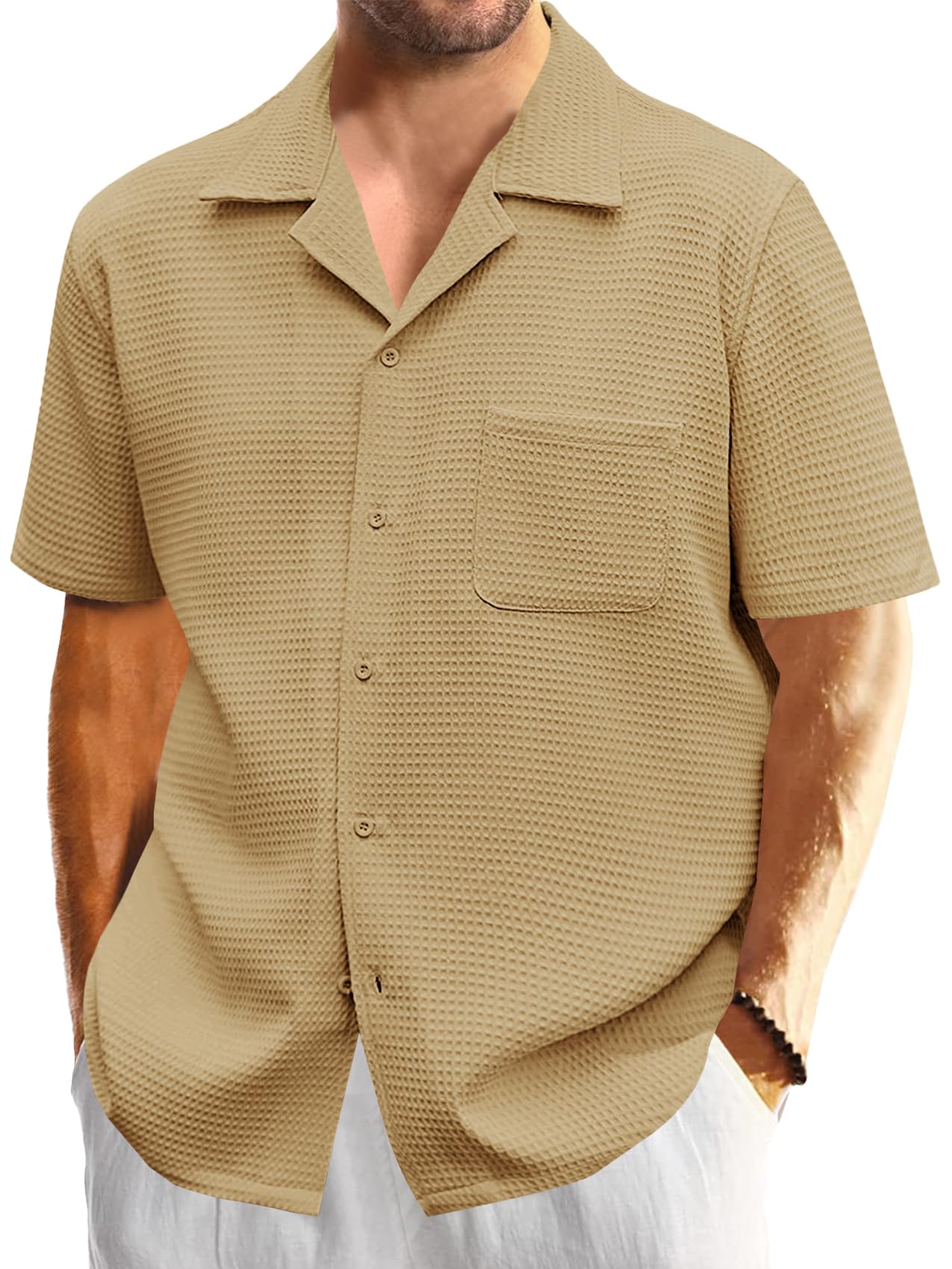 Mens Waffle Button Down Shirt Short Sleeve Loose Fit Cuban Summer Beach Plain Tops Khaki