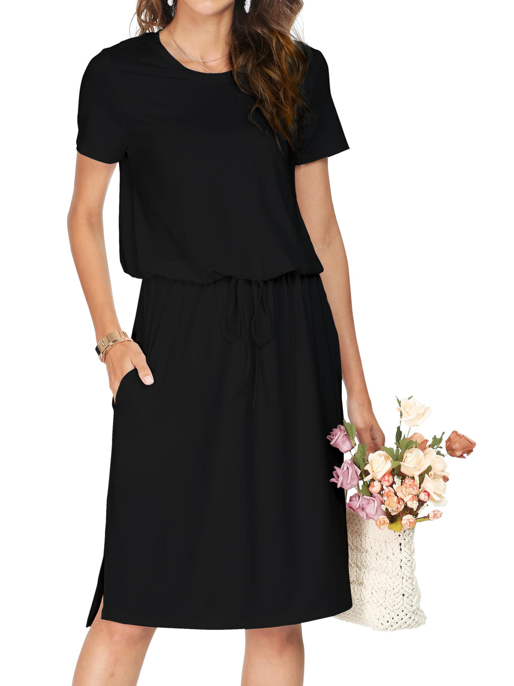 Women Summer Spring Short Sleeve Pocket Travel Tshirt Midi Knee Modest Work Casual Dress Teacher Funeral Outfits Black L
