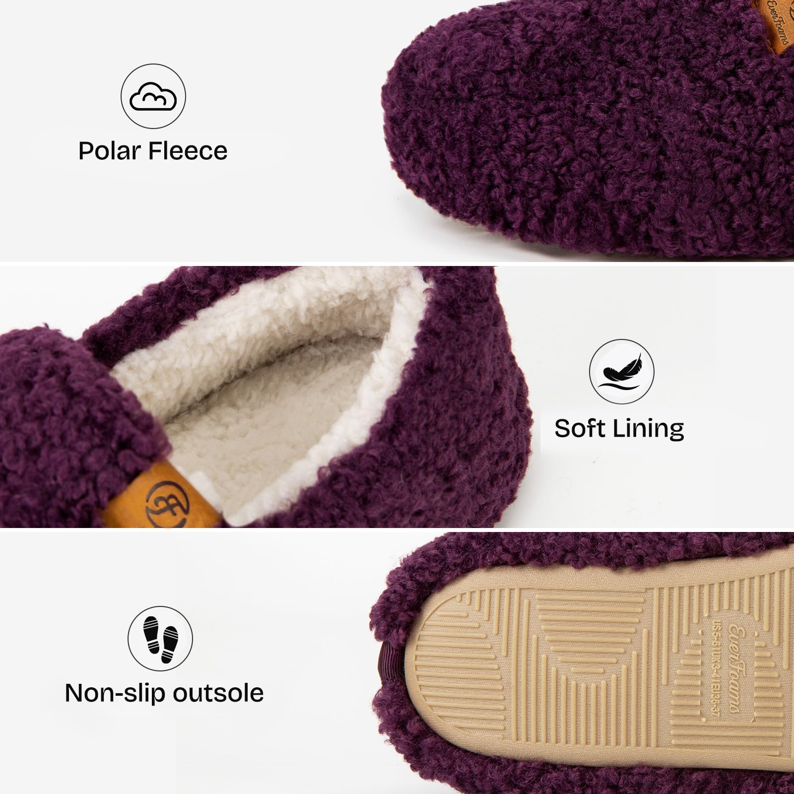 EverFoams Women’s Soft Curly Full Slippers Memory Foam Lightweight House Shoes Cozy Loafer with Polar Fleece Lining Dark Aubergine,8.5 US