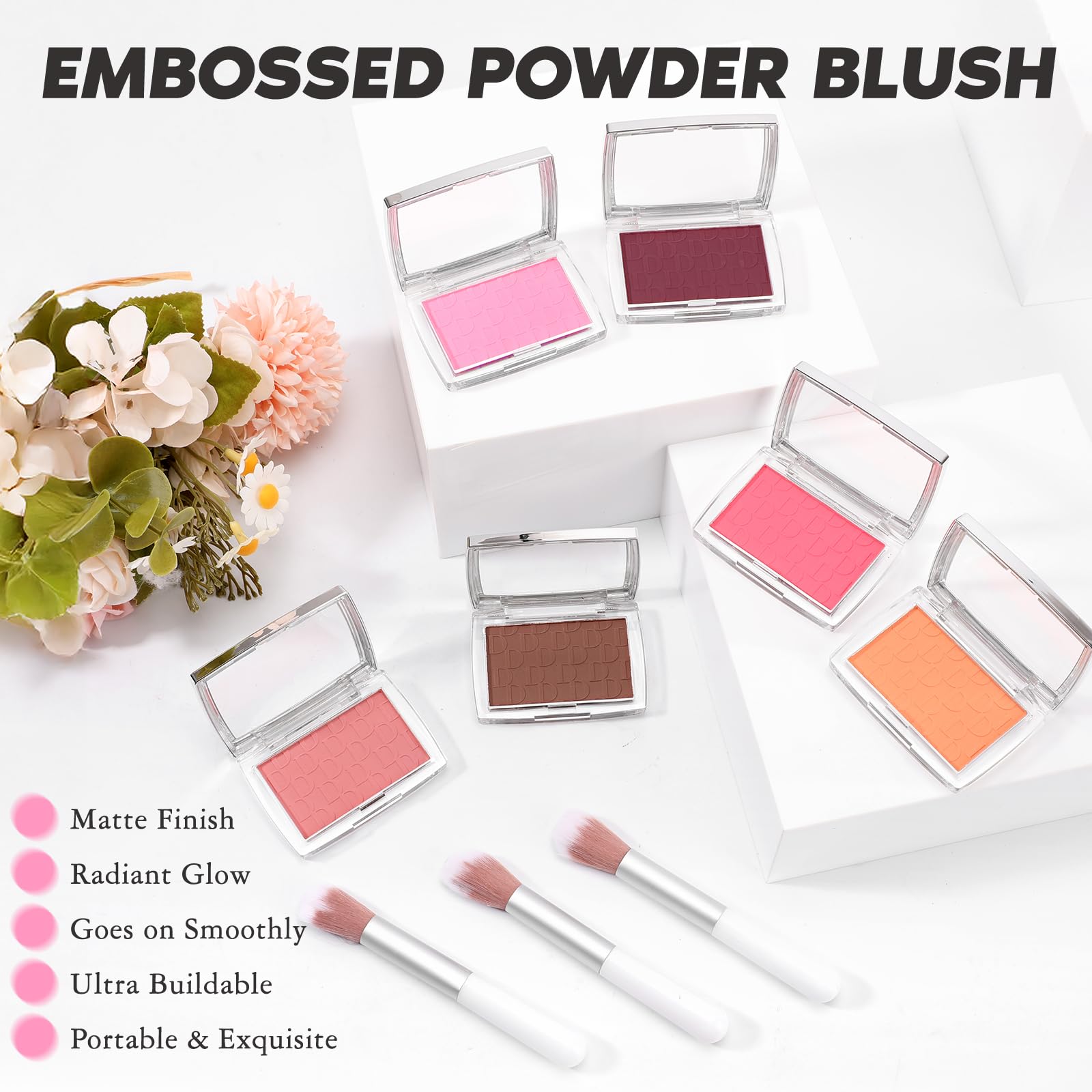LYBHDAFA Pink Blush Powder Blush for Cheeks with Brush, Matte Blush Palette Blush Powder Face Blusher, Natural Blendable Formula Silky Lightweight Makeup Blush Rubores de Maquillaje, 001#