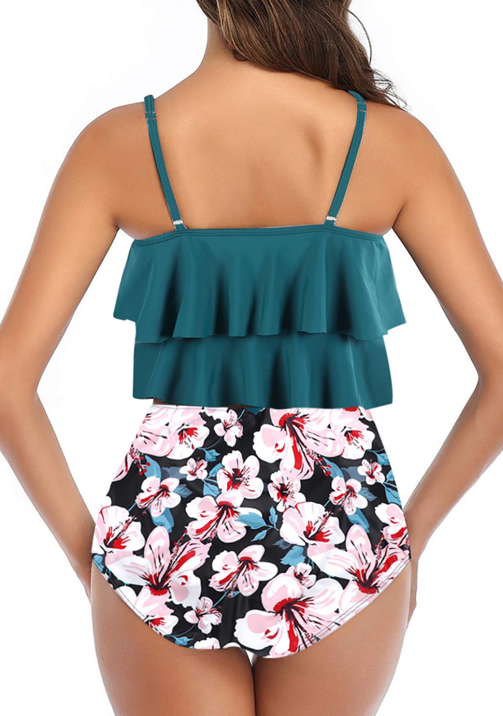 Adisputent Womens High Waisted Swimsuits Flounce Swimwear Racerback Tankini Tummy Control Bikini Bottoms Vintage Two Piece Modest Bathing Suits Turquoise Floral L