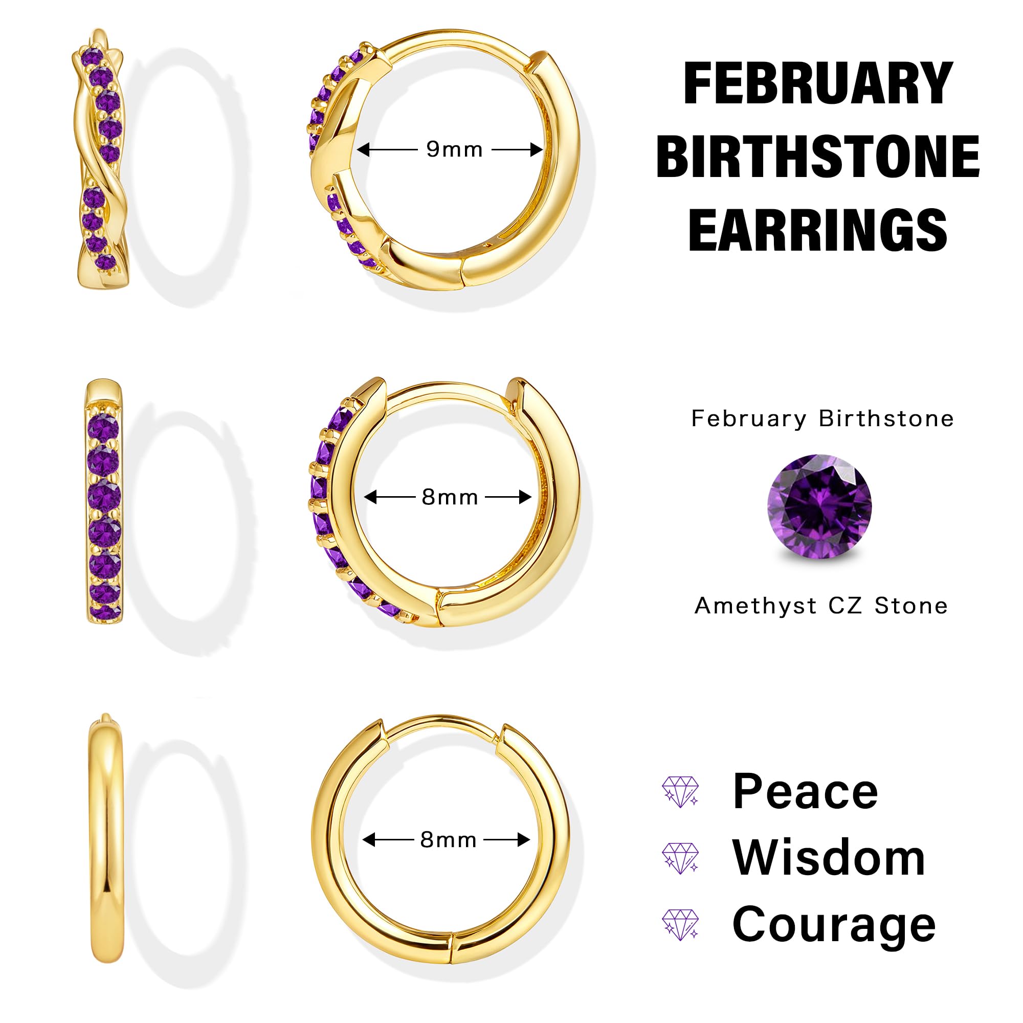 Inerney Gold Amethyst Huggie Hoop Earrings Set for Women, Dainty 14K Small Purple Earring Hypoallergenic Jewelry for Multiple Piercings, Trendy Twisted Cute Cartilage Hoops February Birthstone Gift