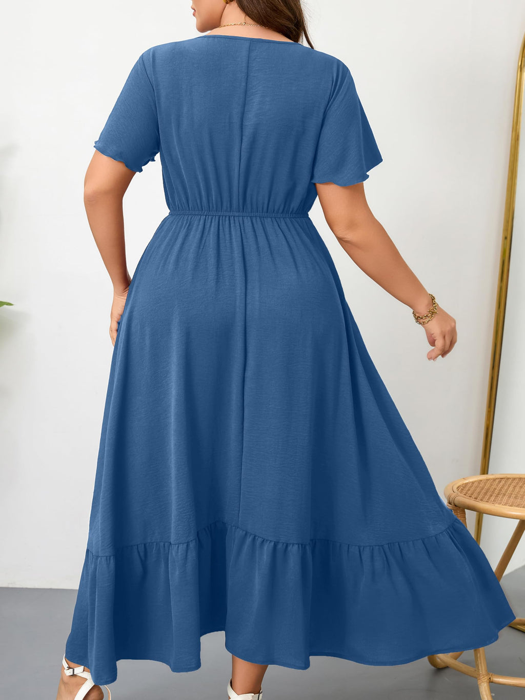 RWJ Women Plus Size Maxi Dress V Neck Short Sleeve Button Trim Split Flowy Tiered Casual Long Dresses 2026 Dusty Blue X-Large