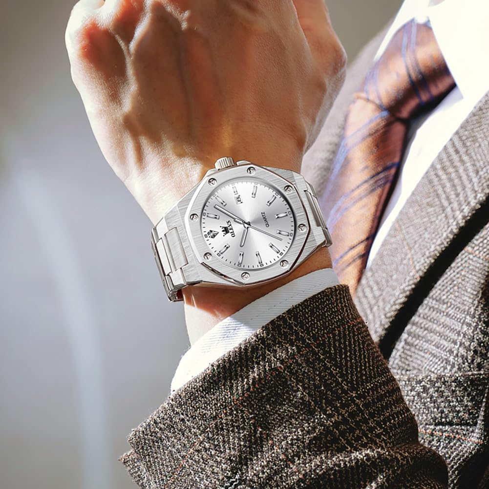 OLEVS Watch Men Luxury Silver Stainless Steel Dress Wrist Analog Quartz Waterproof Watches for Men Fashion Luminous Nice Large Face Minimalist Mens Watches Relojes para Hombres