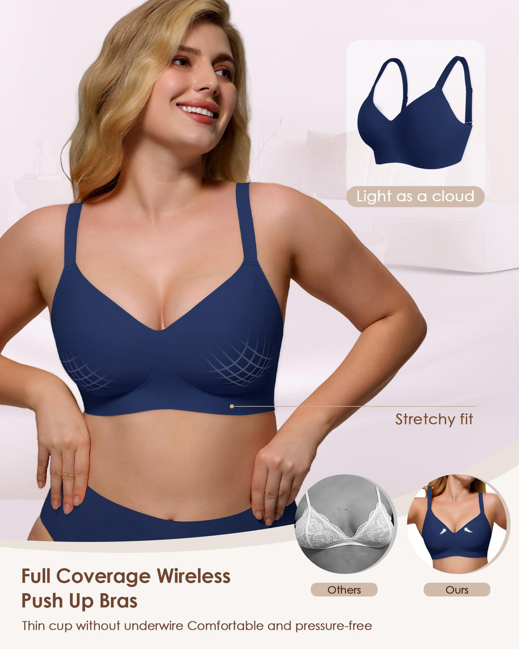 As Fairy Womens Soft Comfortable No Underwire Bras V Neck Seamless Push Up Bralettes Full Coverage Tshirt Brassiere Navy Blue 36B