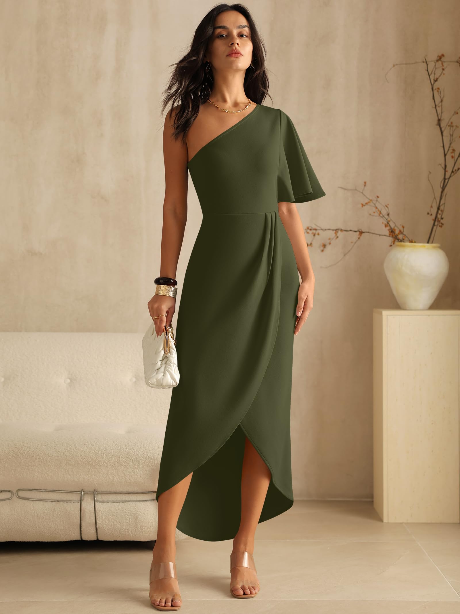 ANRABESS Womens One Shoulder Formal Midi Dresses 2026 Summer Wrap High Slit Beach Wedding Guest Party Cocktail Maxi Dress Army Green Small