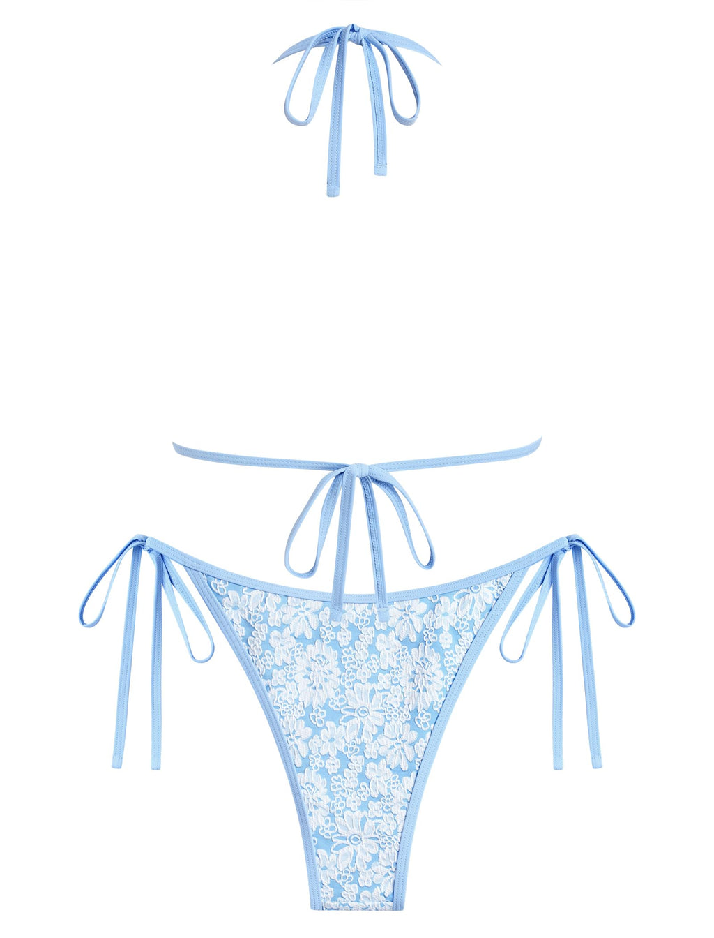 ZAFUL Womens Shell Halter Bikini Sets High Cut Side Tie 2 Piece Swimsuits Sexy String Bathing Suits Blue Lace Floral M