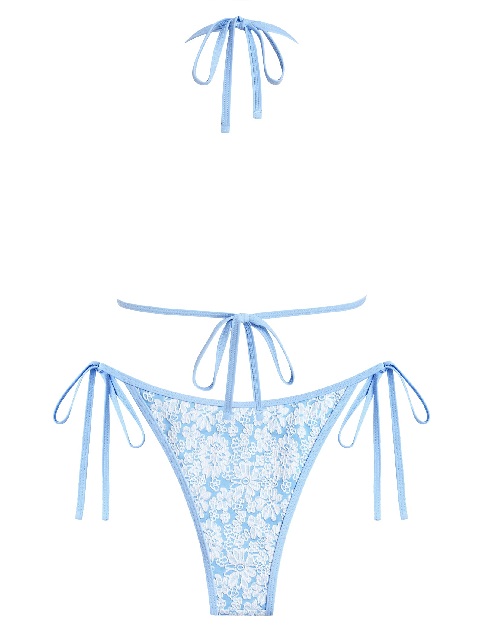 ZAFUL Womens Shell Halter Bikini Sets High Cut Side Tie 2 Piece Swimsuits Sexy String Bathing Suits Blue Lace Floral M