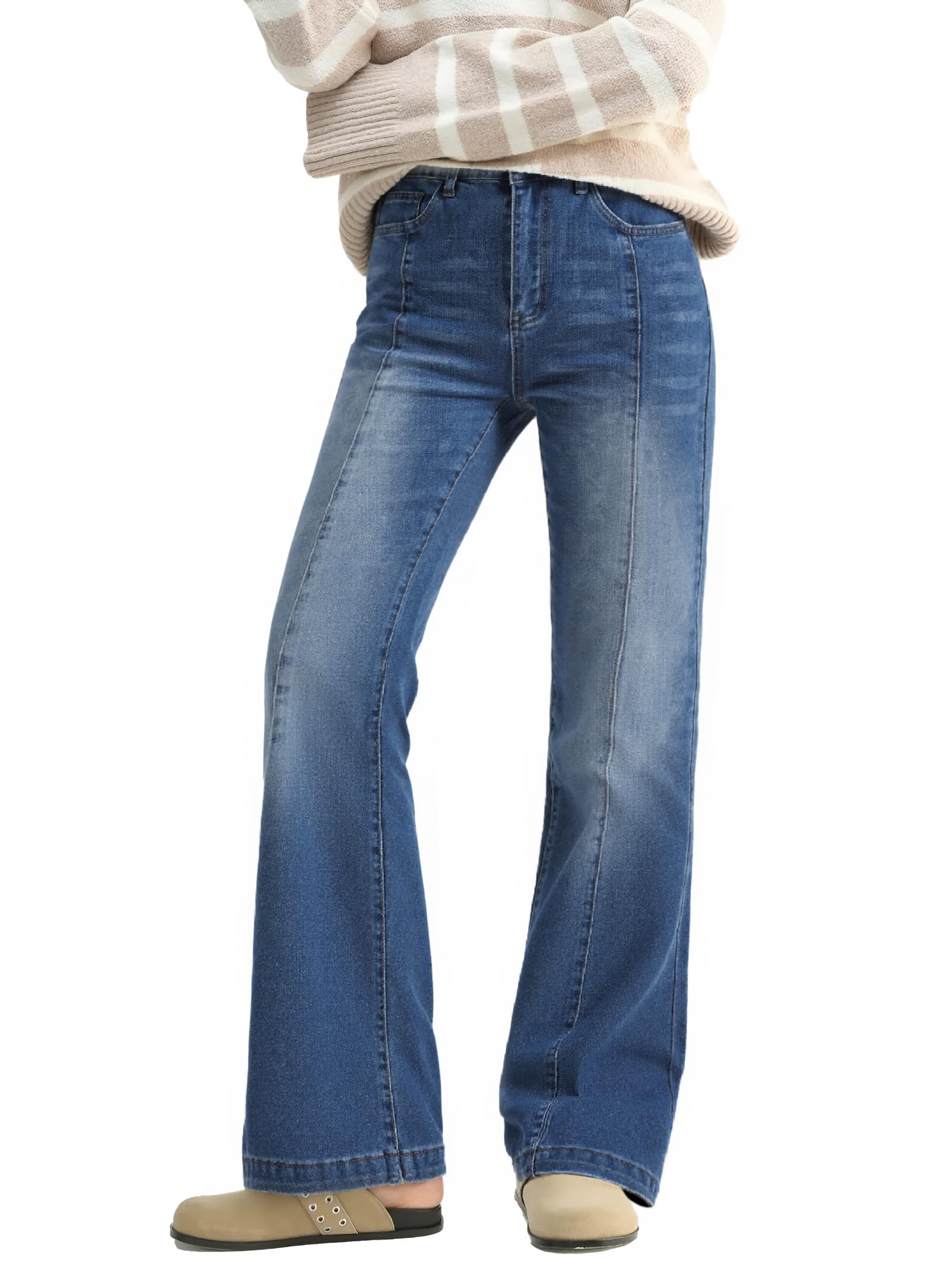 EMMIOL Bootcut Jeans for Women Stretchy Mid-High Rise Denim Flare Jeans Pants Seamed Front Loose Straight Leg Clothing