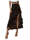 WDIRARA Women's Boho Floral Print Ruffle Maxi Skirt High Waisted Split Long Skirts Multicolor X-Large