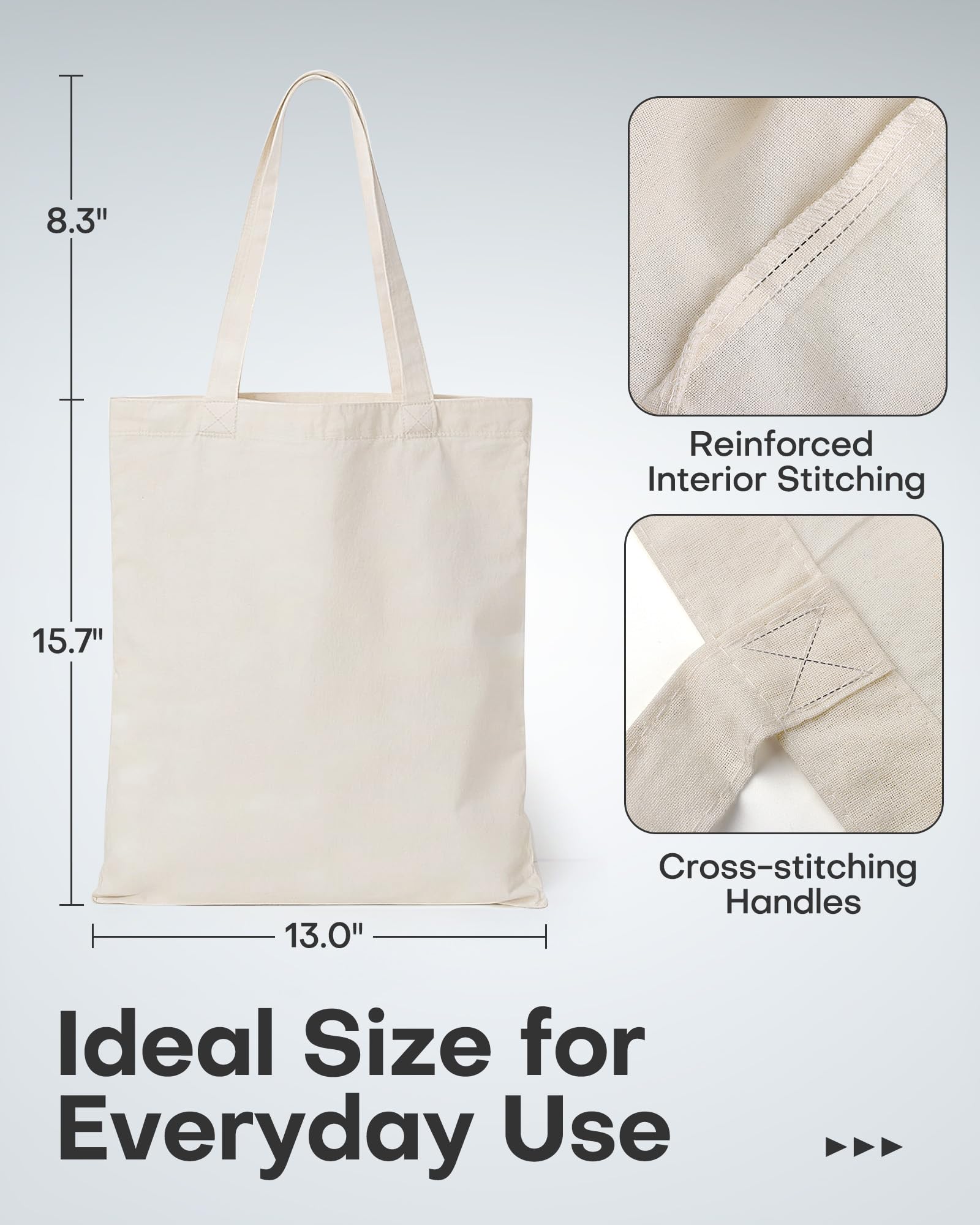 HOTOR 6 Pack DIY Canvas Tote Bag – Plain Lightweight Reusable Grocery Bags, Easy to Carry for Gift, Shopping, Work, 15.7" x 13", Beige