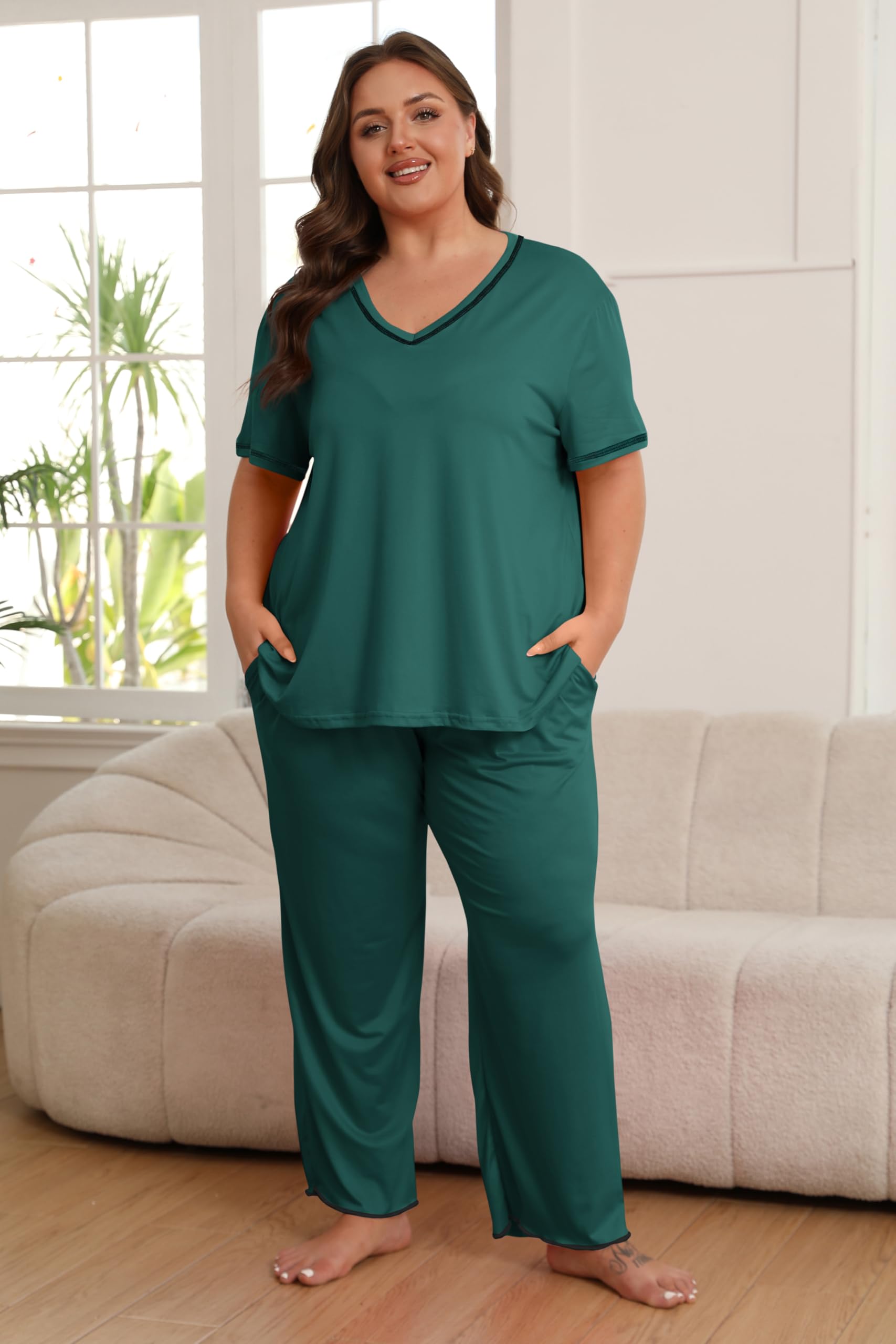 Vozanet Women's Plus Size Pajama Sets Short Sleeve Long Pants Solid Color with Piping Trim Elegant Loungewear Cozy Sleepwear with Pockets, Dark Green, XX-Large