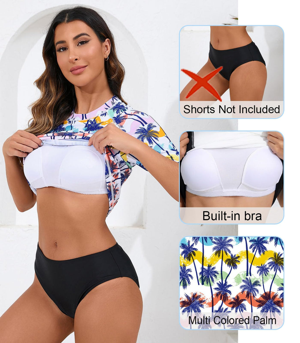 Halcurt Women's Short Sleeve Rash Guard Swimsuit Top with Built in Bra Swim Shirt UPF50+ Quick Dry Bathing Suit Multi Colored Palm L