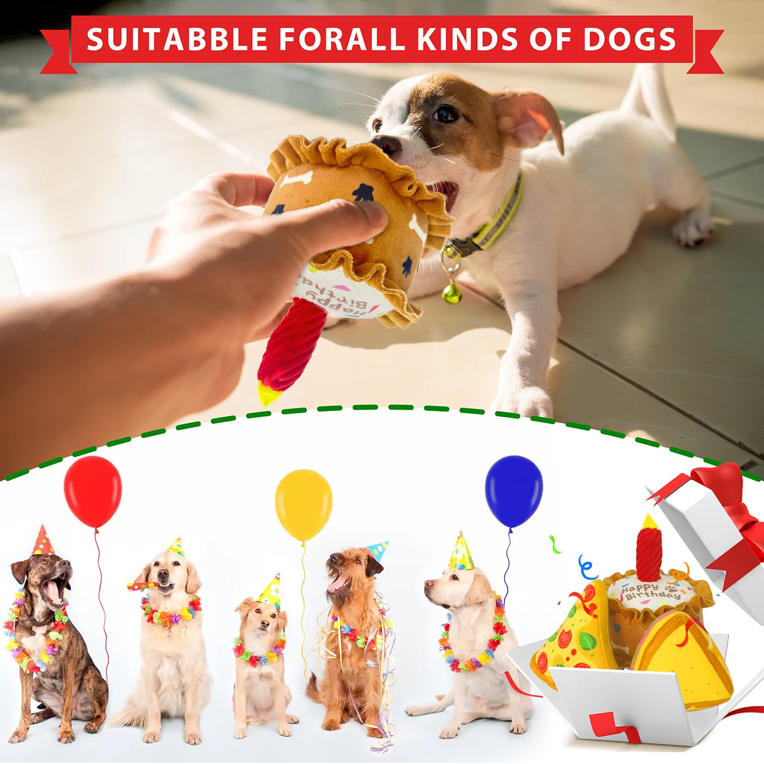 CneeeeeB Birthday Dog Toys Crinkle Dog Toy Squeak Cake Toy Aggressive chew Toys for Puppy Sandwiches Pizza Party Dog Toy Interactive Birthday Toy with 3 Pack for Dog Birthday