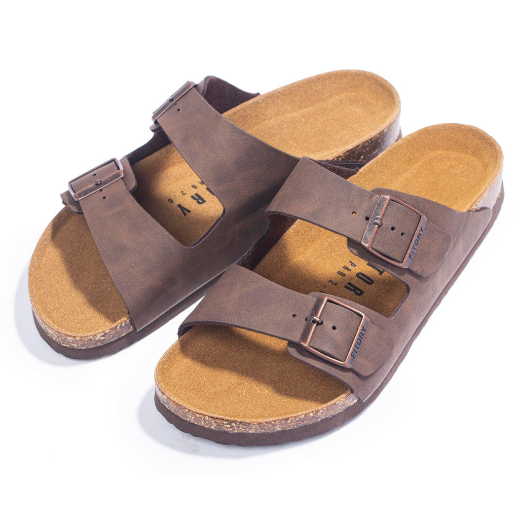 FITORY Mens Sandals, Arch Support Slides with Adjustable Buckle Straps and Cork Footbed Brown Size 10