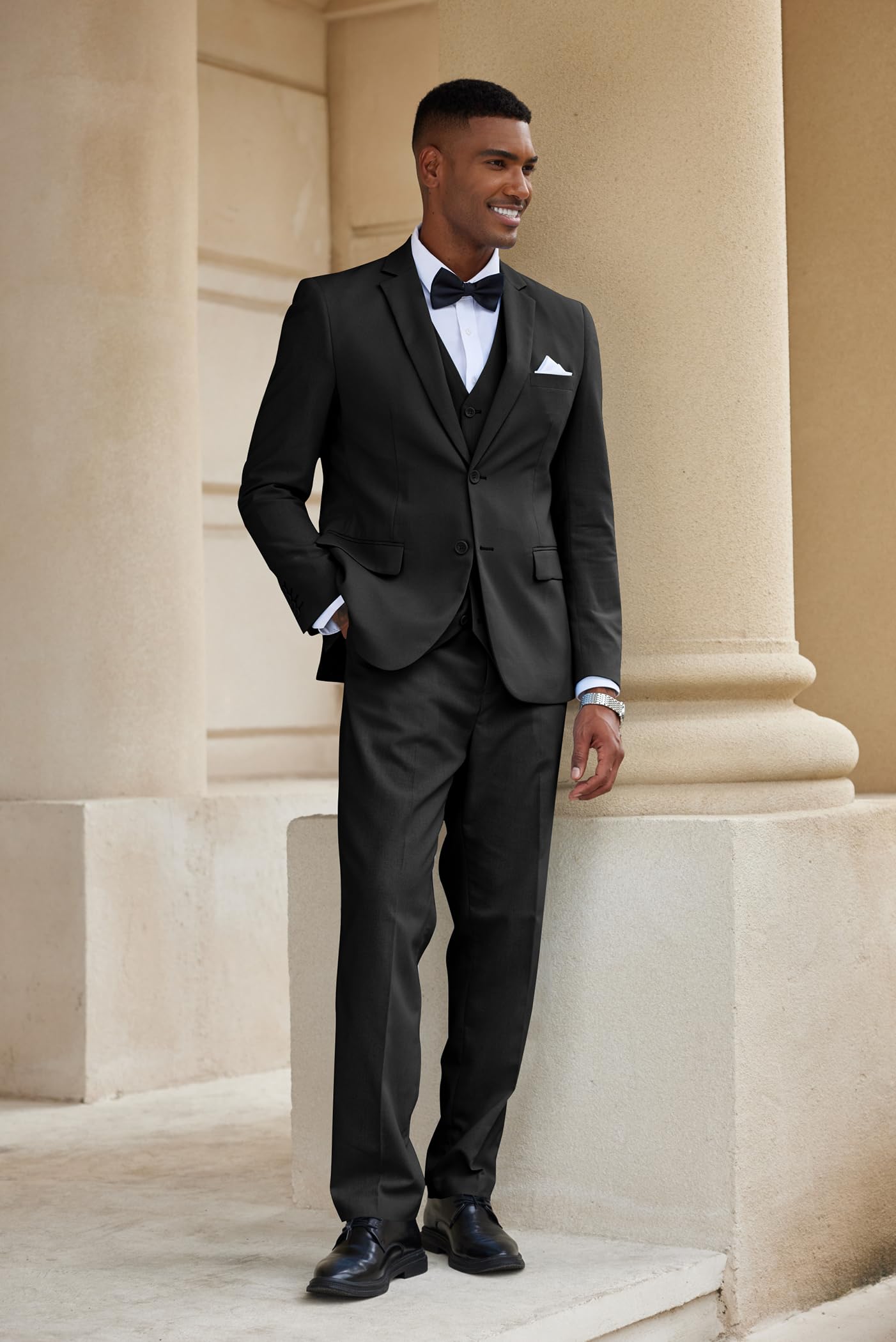 COOFANDY Men's 3 Piece Linen Suits Set Regular Fit Casual Lightweight Blazer Jacket Dress Vest and Pants Black