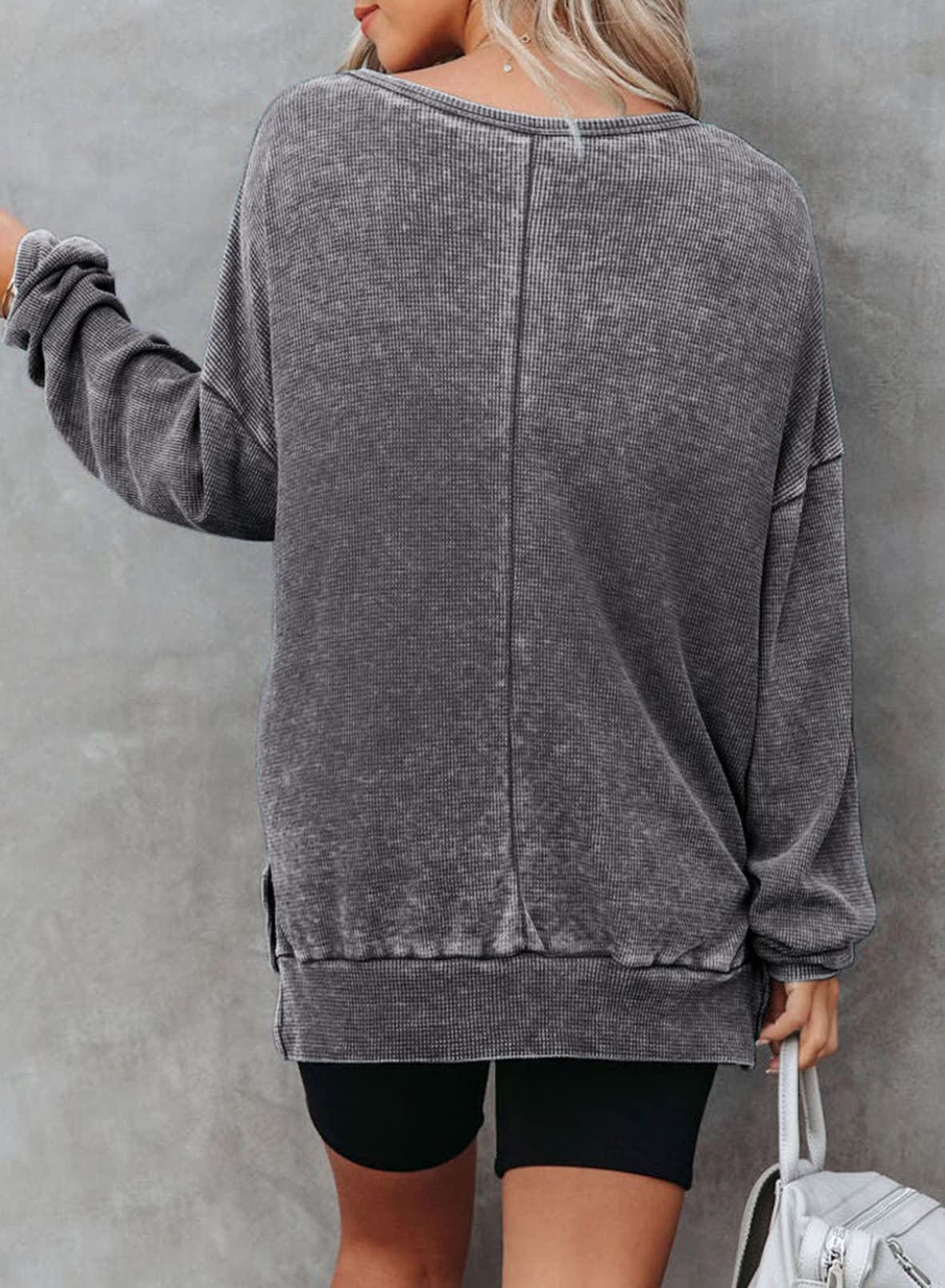 Dokotoo Women's Oversized Sweatshirt for Women Loose Fit Early Fall Fashion Waffle Knit Round Neck Womens Sweatshirts No Hood Long Sleeve Solid Color Shirt Lightweight Soft Tunic Tops Grey Medium