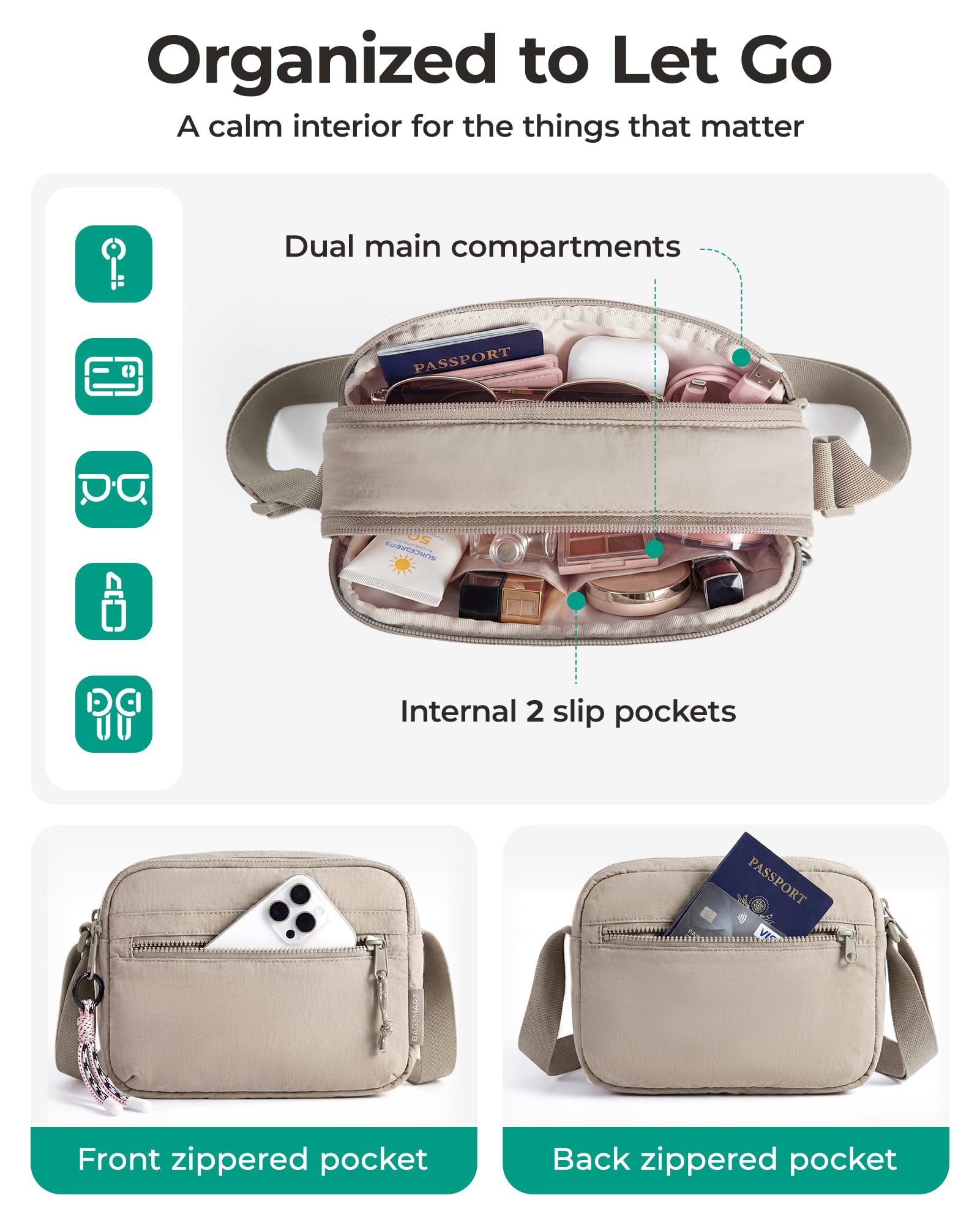 BAGSMART Cross Body Purse, Small Crossbody Bags for Women Travel Purse, Casual Shoulder Handbag Wallet, Camel