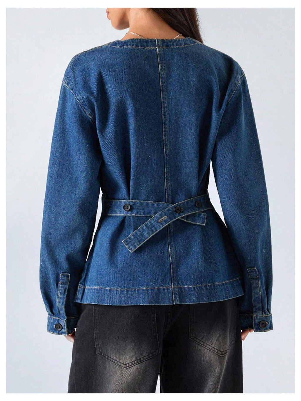 WDIRARA Women's V Neck Button Down Jean Jackets Waist Long Sleeve Denim Jacket Outerwear Blue X-Large