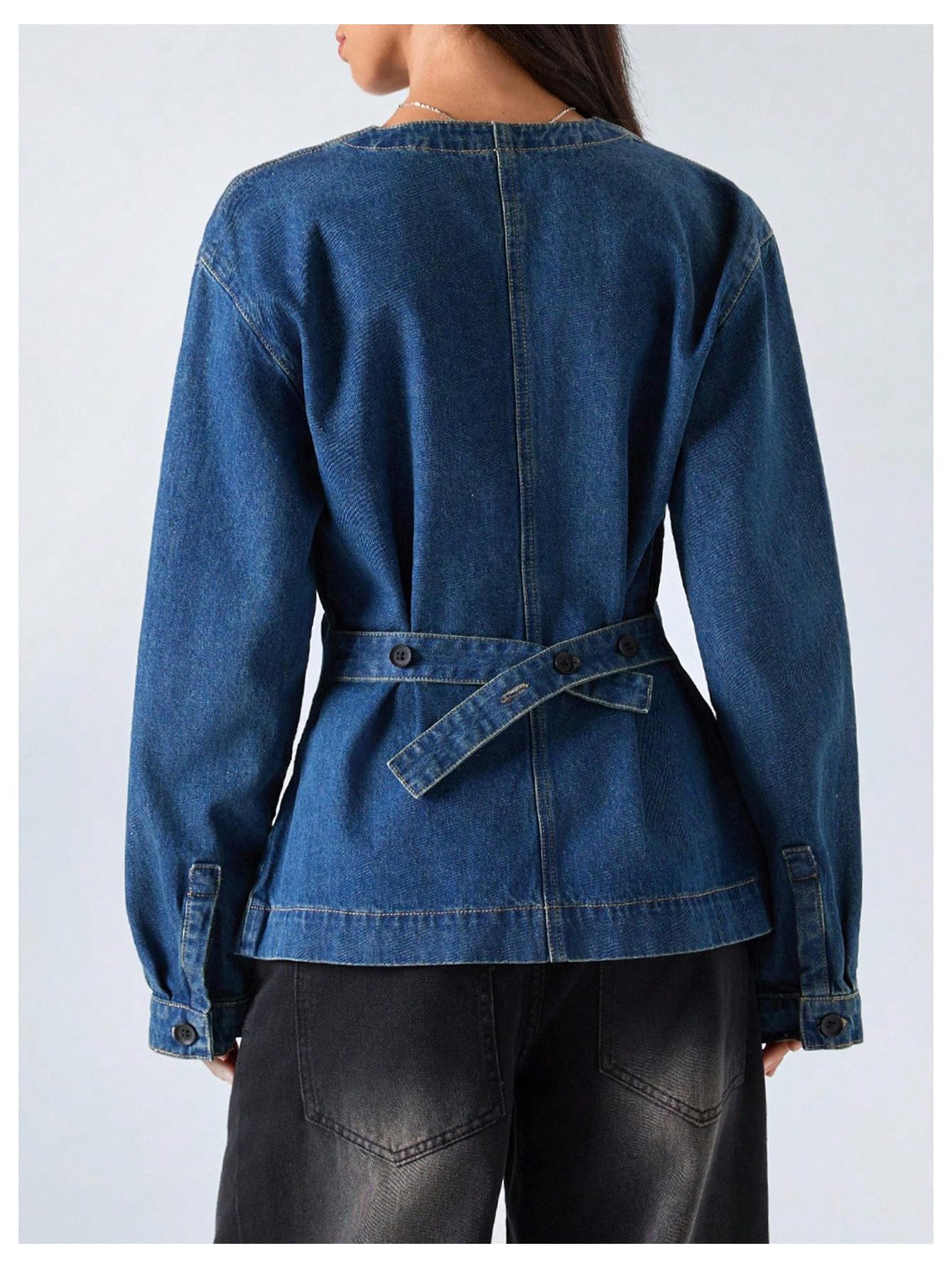 WDIRARA Women's V Neck Button Down Jean Jackets Waist Long Sleeve Denim Jacket Outerwear Blue X-Large