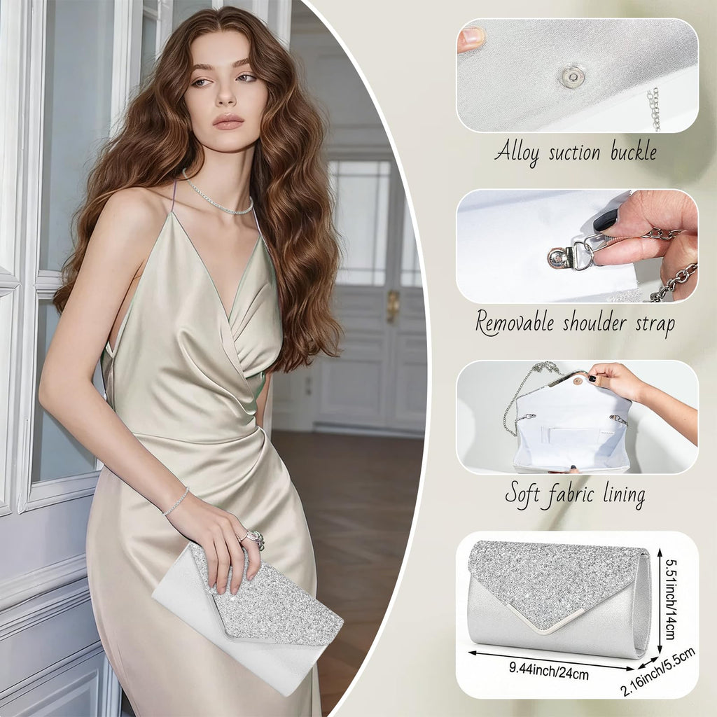 GANZHOUYILAN 4 Pcs Silver Glitter Clutch Purse and Jewelry Set for Women, Sparkly Evening Handbag with Rhinestone Tennis Necklace Bracelet Dangle Earrings, Prom Wedding Bridal Accessories Party