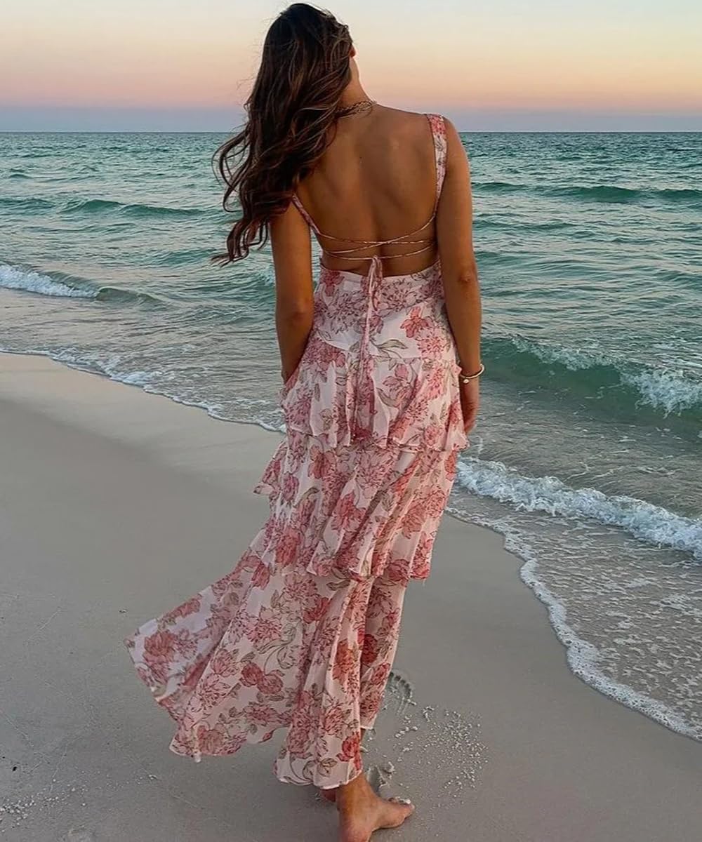 Women's Sexy Deep V Neck Maxi Dress Floral Backless Ruffles Hem Cocktail Party Long Dresses,Floral Apricot,S