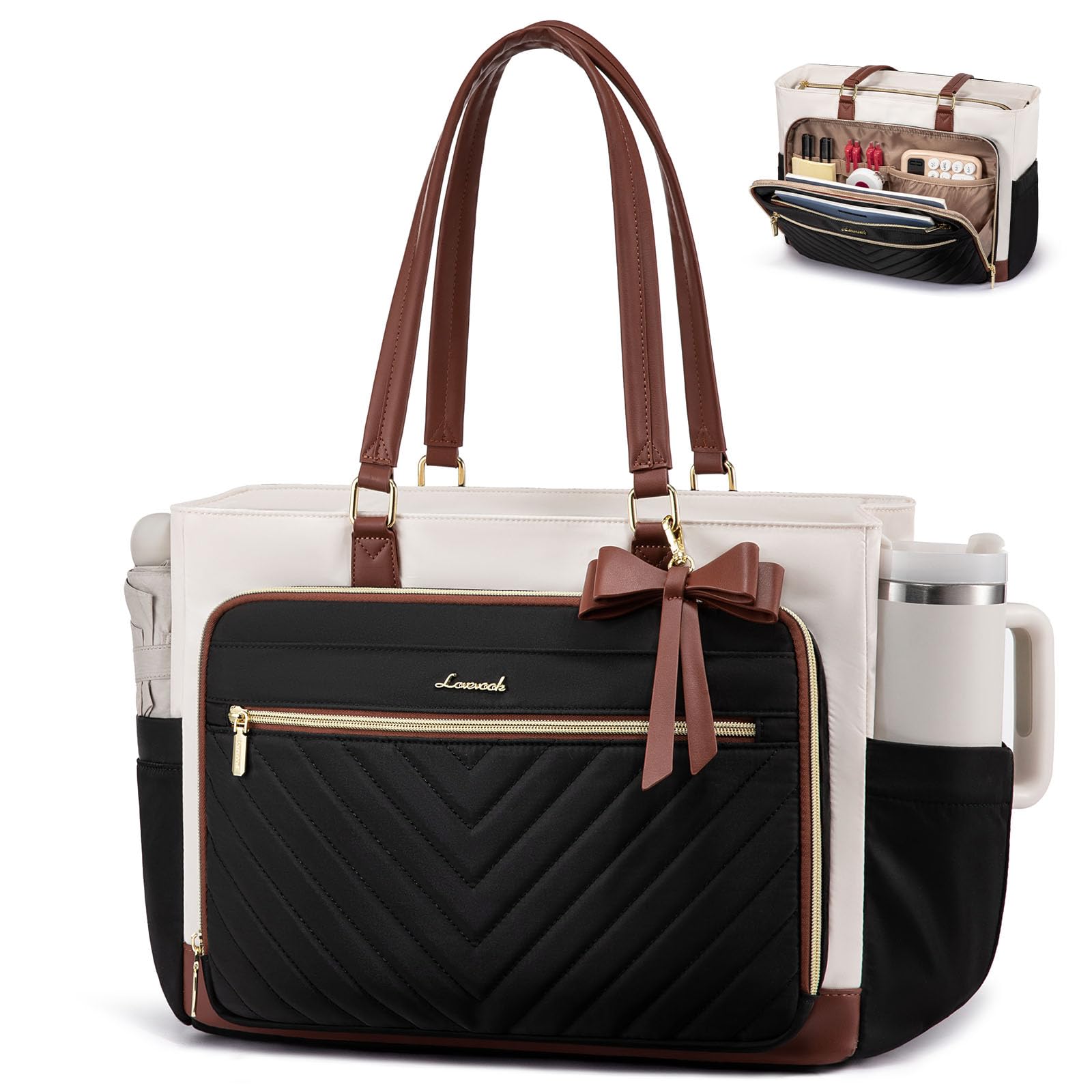 LOVEVOOK 17 Inch Laptop Tote Bag for Women, Teacher Nurse Work Tote Bags with Large Cup Holder & Multi-Pockets for Office Travel College, Computer handbags Quilted Diaper Bag Gifts, Beige-black-brown