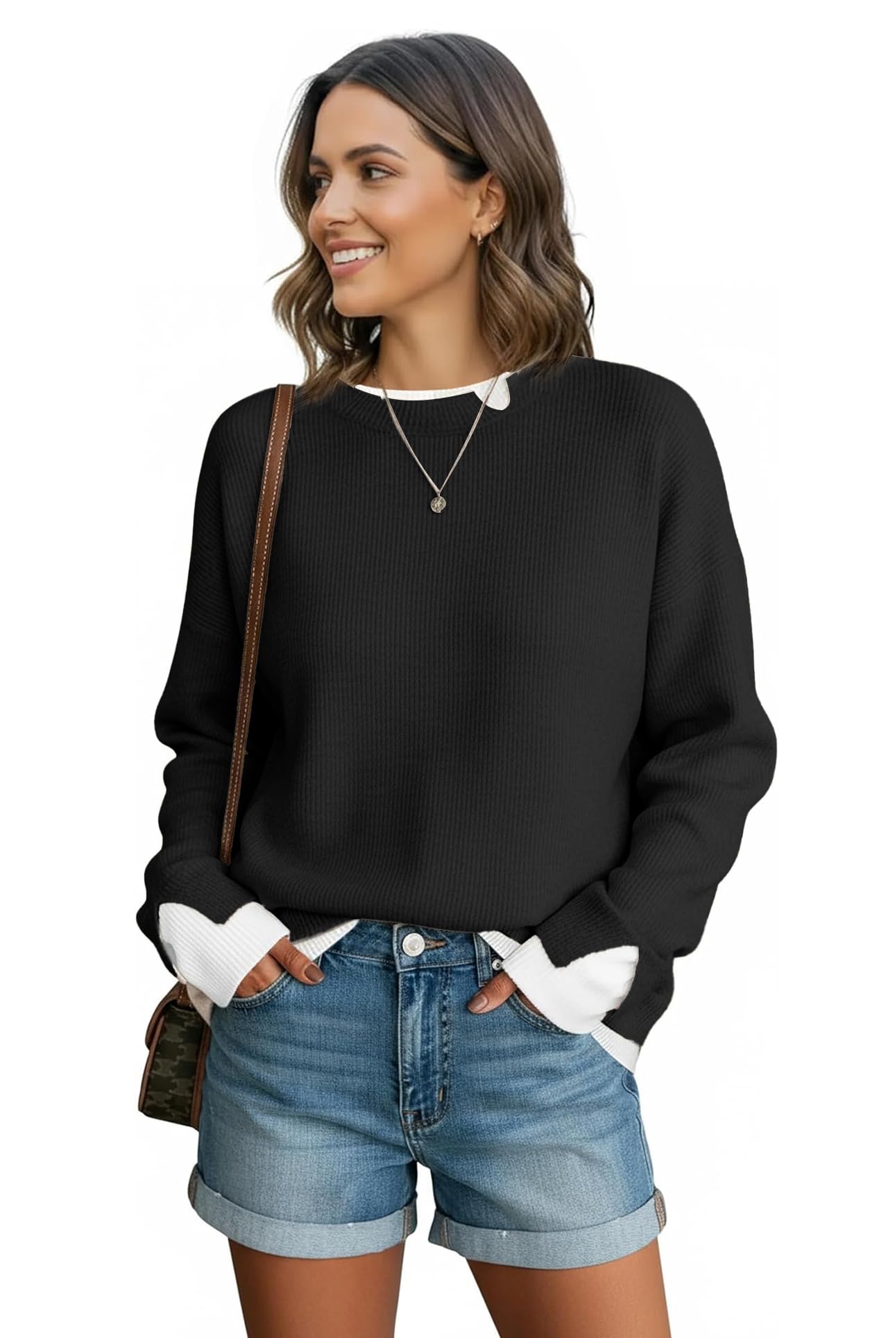 ETCYY Womens Sweaters School Teacher Outfits Fall Clothes Cowboy Chic Knit Cozy Fall Fashion 2026 Winter Oversized Sweater,Pure Black,Large