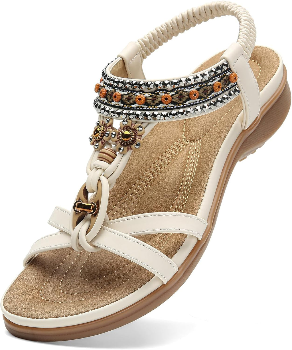 Littleplum Womens Sandals Arch Support Bohemian T-Strap Flower Rhinestone Sandals Women's Non Slip Summer Beach Flat Sandals Cream White Size 8