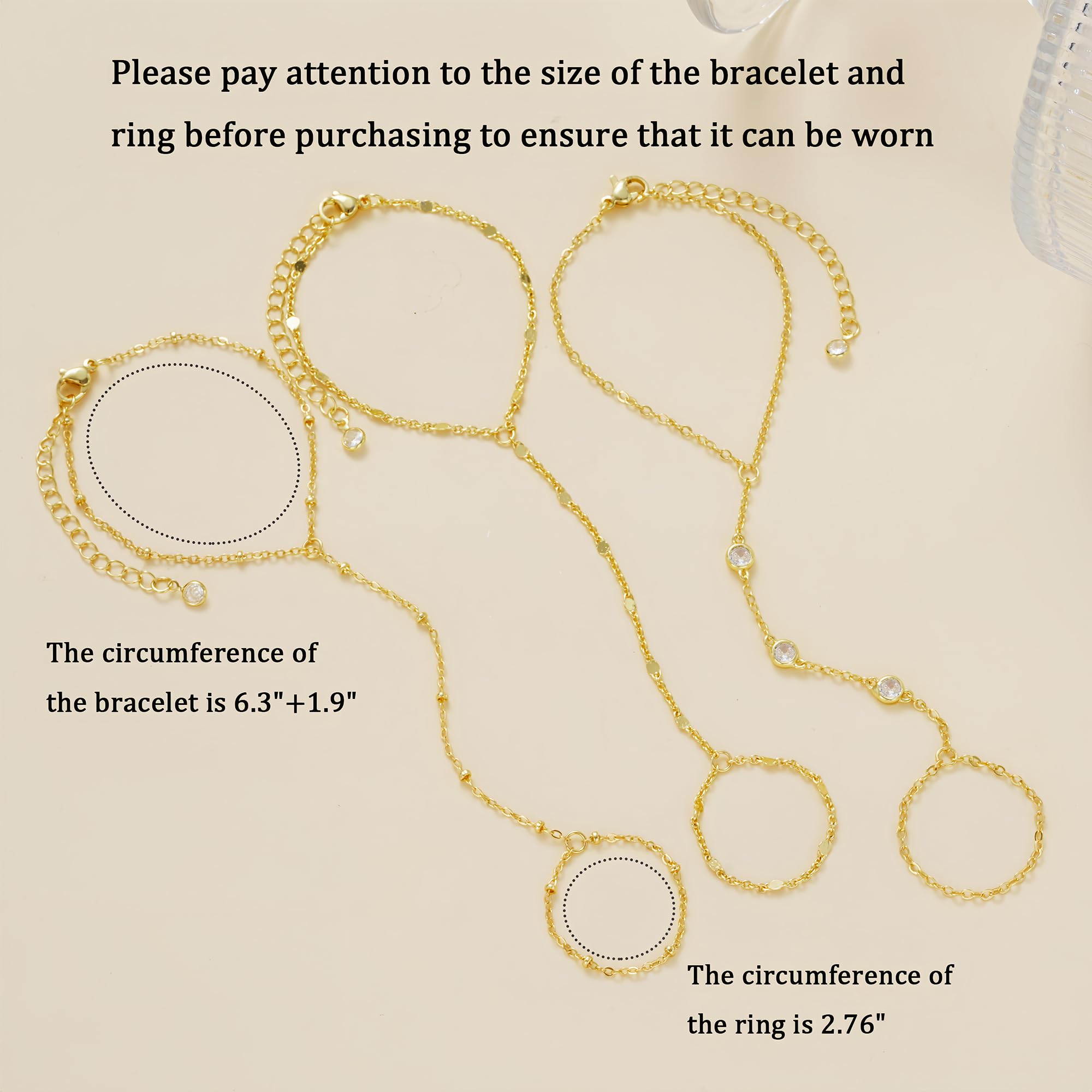 3PCS 14K Gold-Plated Hand Chain Bracelets for Women, Stack Bracelets Set Adjustable, Dainty Ring Bracelet Hand Chain