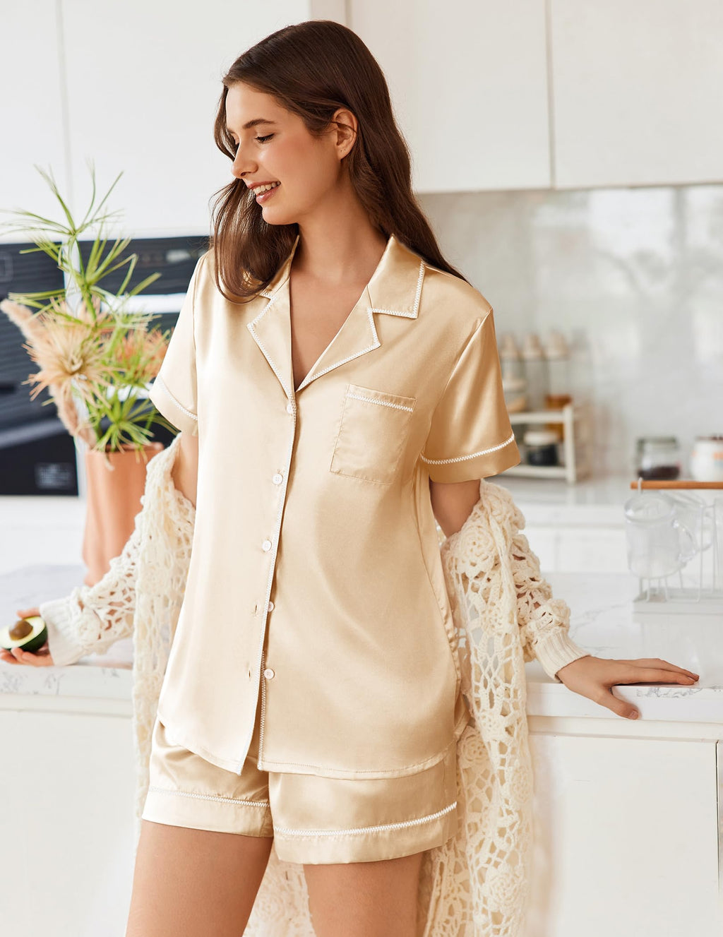 Ekouaer Womens Satin Silk Pajamas Set Short Sleeve Sleepwear Button Down Top and Shorts Loungewear 2 Piece Pjs Set Champagne X-Large