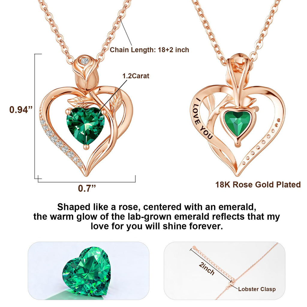 1.2CT Rose Heart Lab-Grown Emerald Necklace for Women Jewelry D Color VVS1 S925 Sterling Silver 18K Rose Gold Plated Necklace for Wife Girlfriend Mom Daughter Wedding Anniversary Christmas Birthday Gift for Women Engraved I Love You