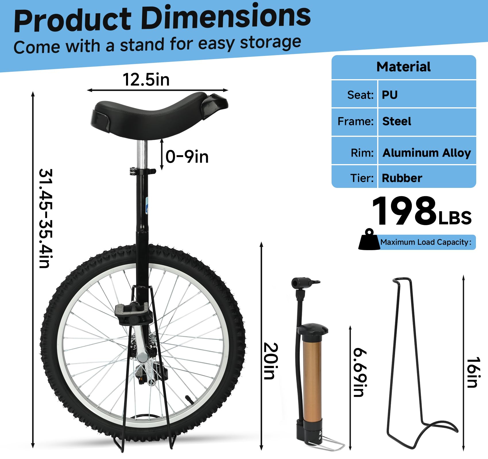 MYOYAY 20 Inch Unicycle,Unicycle for Adults,Mountain Unicycle Height Adjustable,Unicycle with Stand, Anti-Skid Pedal, Indoor Outdoor Sports Fitness Balance Training Fun Exercise Bicycle(Black)