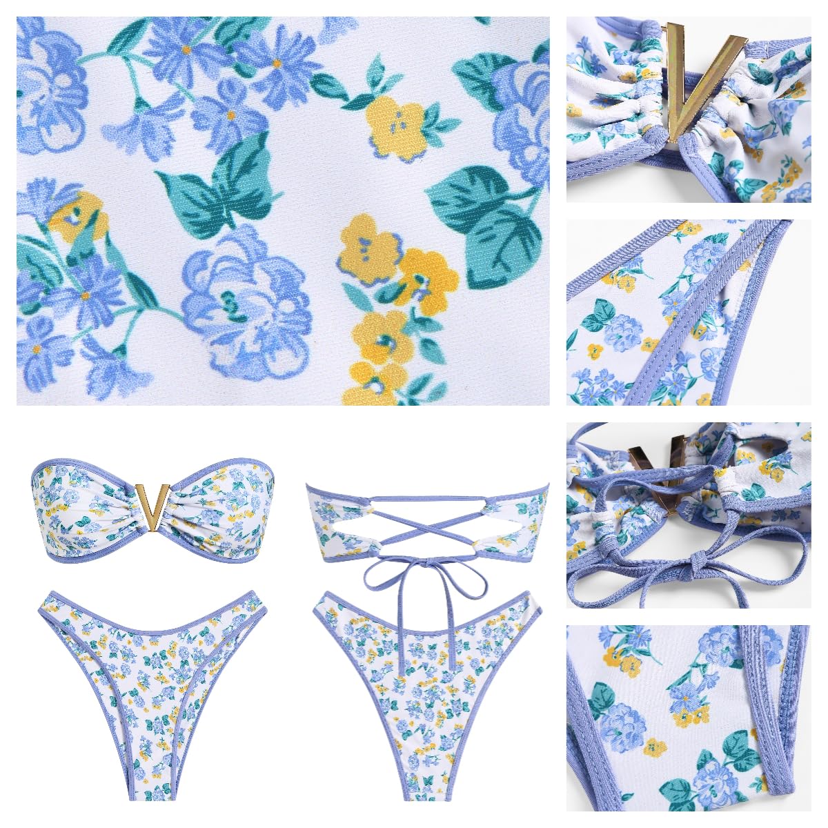 ZAFUL Women's Bandeau Bikini V Strapless Confetti Colorblock Tie Back High Cut Two Piece Swimsuit Bathing Suits (1-Floral Blue, M)