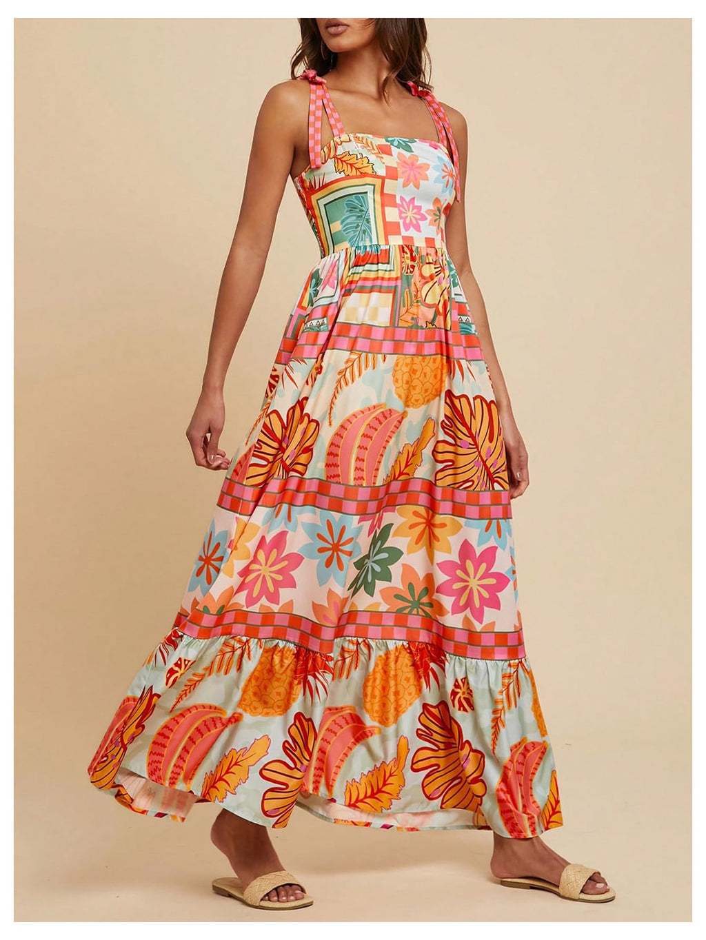 WDIRARA Women's Boho Floral Sleeveless Ruffle Maxi Dress Tropical Graphic Tie Shoulder Smocked Cami Dresses Multicolor Orange Small