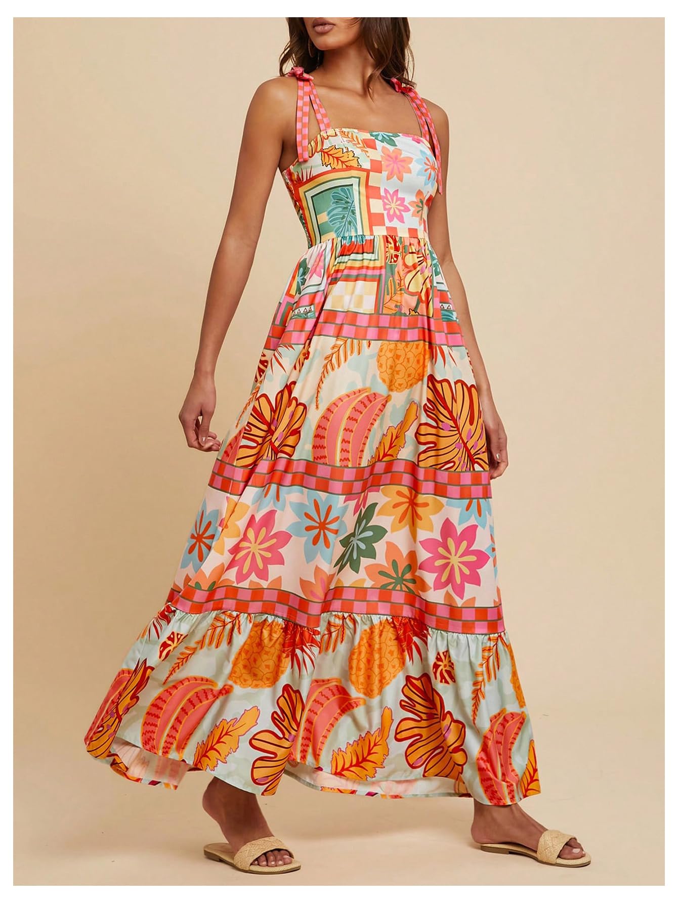 WDIRARA Women's Boho Floral Sleeveless Ruffle Maxi Dress Tropical Graphic Tie Shoulder Smocked Cami Dresses Multicolor Orange Small