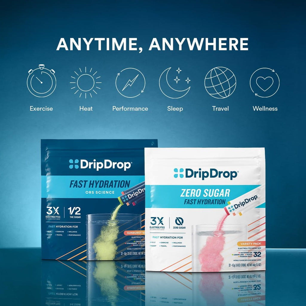 DripDrop Hydration Packets - Sunburst Variety Pack - Single Serve Electrolytes Powder Drink Mix - Lemon Lime, Strawberry, Peach, Black Cherry - Non-GMO, Gluten Free, Vegan - 16 Sticks