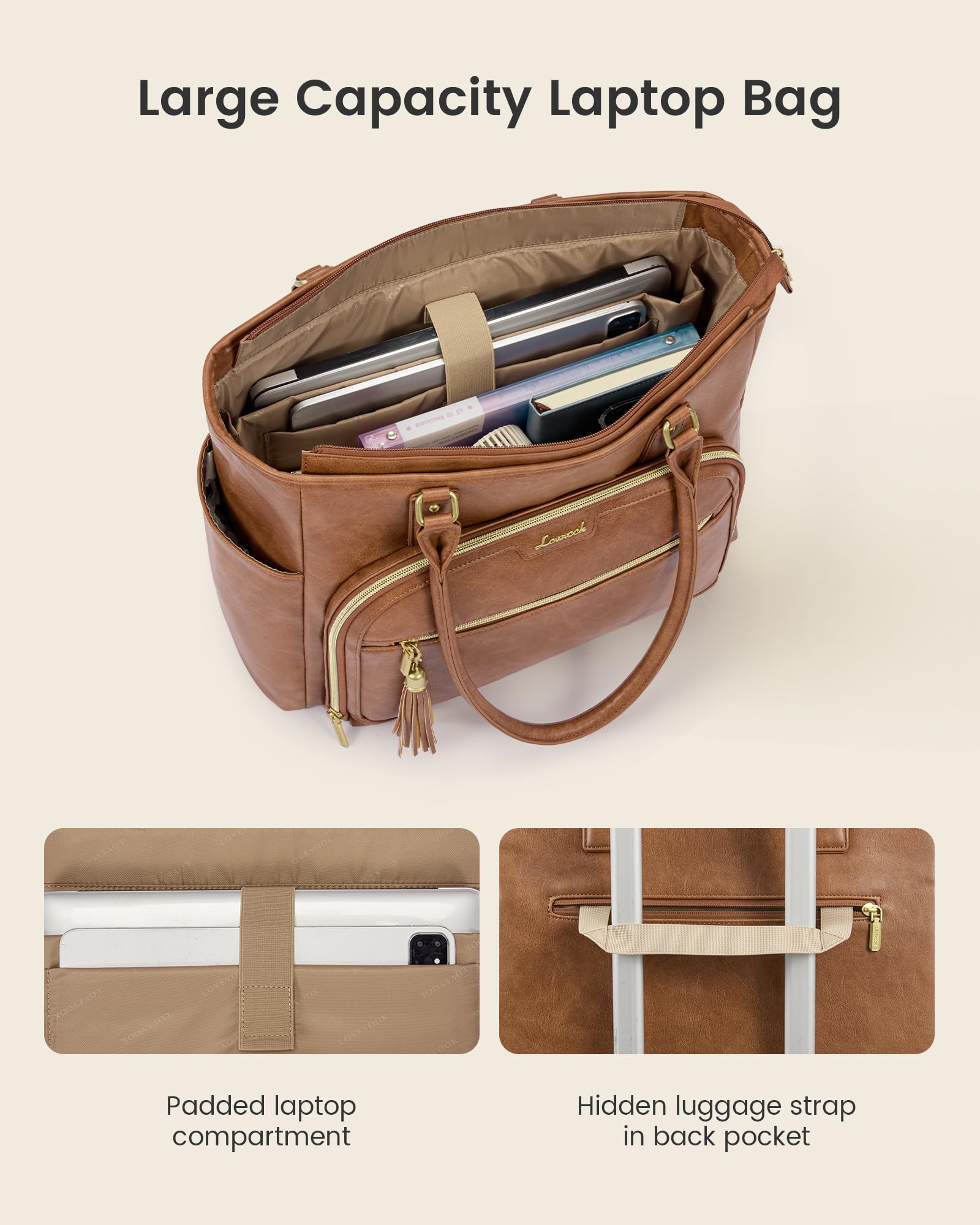 LOVEVOOK Laptop Tote Bag for Women Work, Vintage Leather Teacher Nurse Bag with Large Cup Holder, Bible Handbag Purse GIfs, Waterproof Professional Computer Briefcase for Business Office, 15.6 Inch