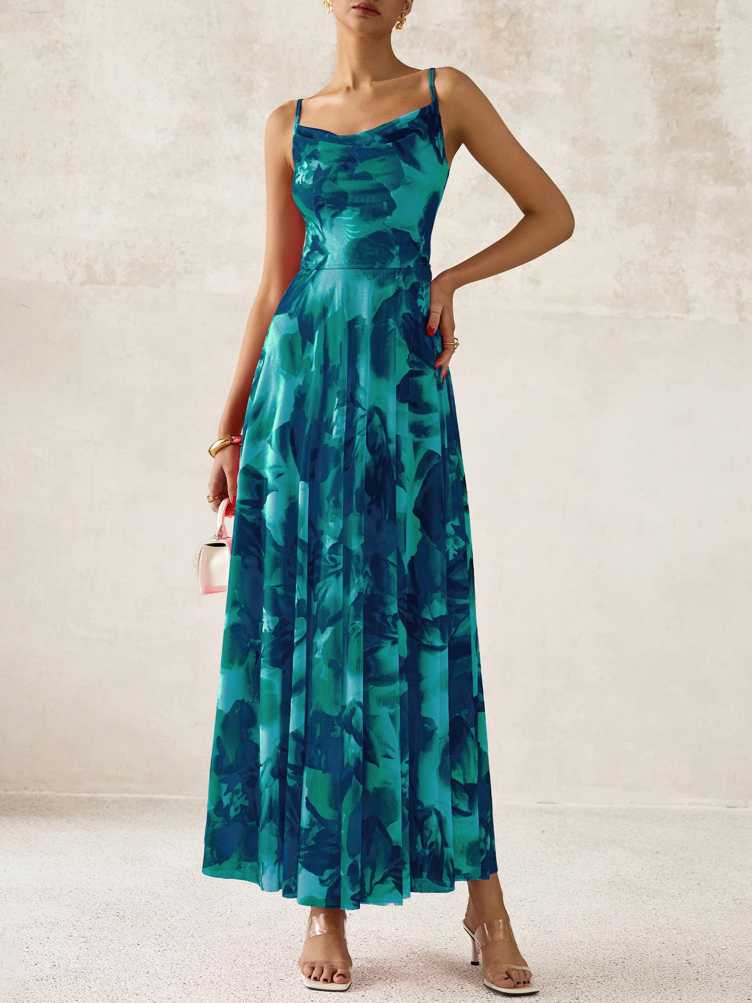 BTFBM Women Summer Floral Maxi Dresses Elegant Spaghetti Strap Dress Printed Party Dress Beach Long Dresses(Floral Lake Blue,Large)