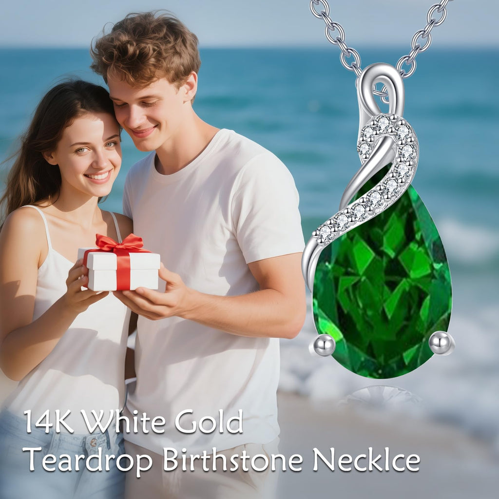 Yafeeso 14K Real White Gold Teardrop Created Emerald Necklace for Women Pear Cut Birthstone Pendant Necklaces Christmas Birthday Jewelry Gifts for Mom Wife Her, Sterling Silver Chain 18" + 2"