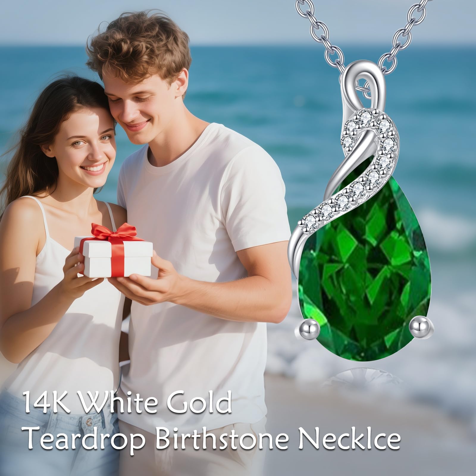 Yafeeso 14K Real White Gold Teardrop Created Emerald Necklace for Women Pear Cut Birthstone Pendant Necklaces Christmas Birthday Jewelry Gifts for Mom Wife Her, Sterling Silver Chain 18" + 2"