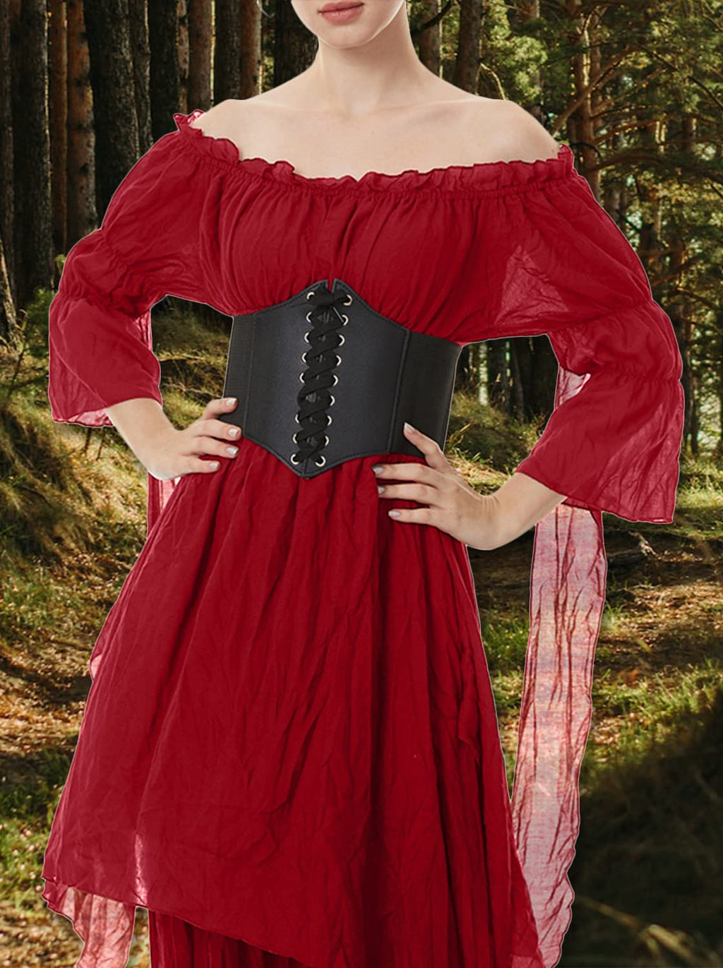 BITSEACOCO Women Medieval Victorian Off Shoulder Dress, Gothic Puff Sleeve Irish Chemise Dresses, Renaissance Costume High Low Long Skirts (S, Wine Red)