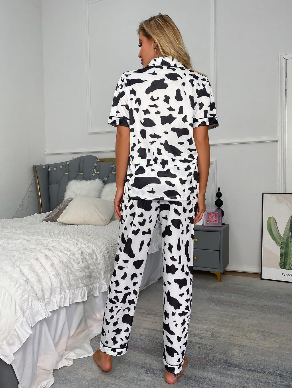 WDIRARA Women's 2 Piece Cow Print Button Down Short Sleeve Top and Pants Pj Set Cow Multicolor Medium