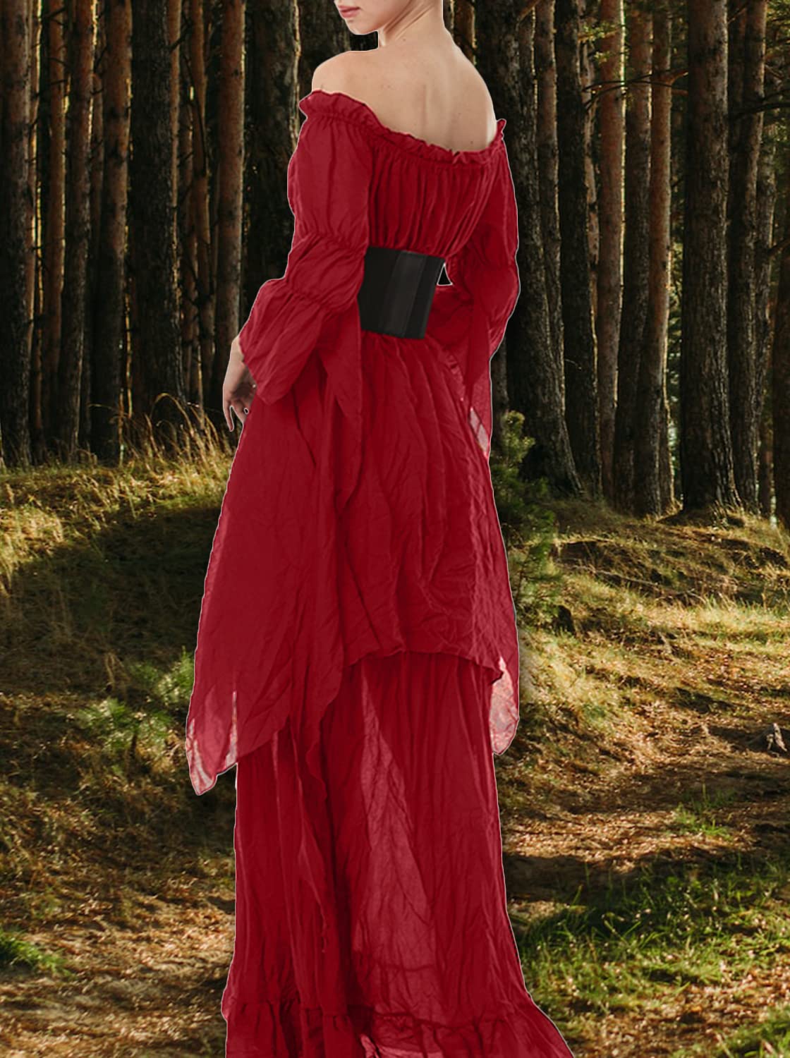 BITSEACOCO Women Medieval Victorian Off Shoulder Dress, Gothic Puff Sleeve Irish Chemise Dresses, Renaissance Costume High Low Long Skirts (S, Wine Red)